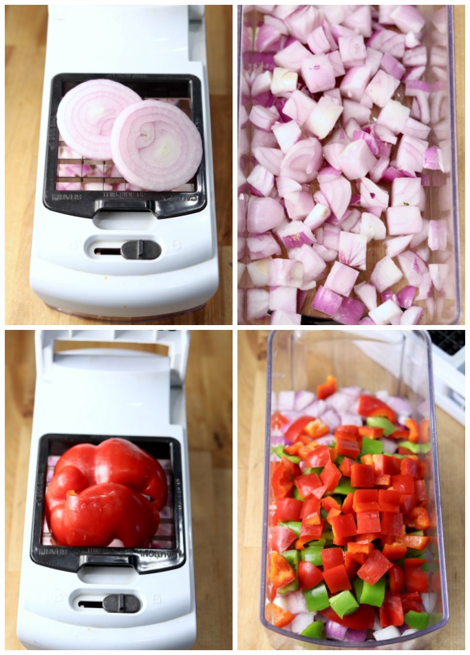 collage using a veggie chopper for red onion and bell peppers