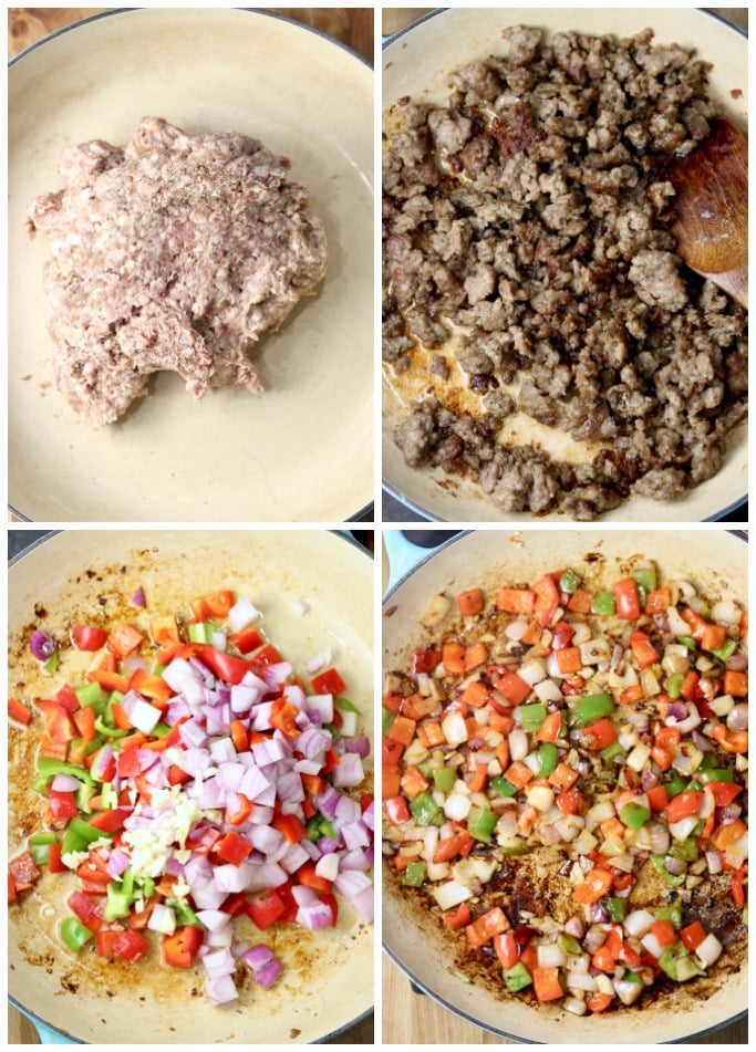 sausage in a skillet, browned sausage. Peppers, onions, garlic in pan, cooked vegetables - collage for sausage pepper rice