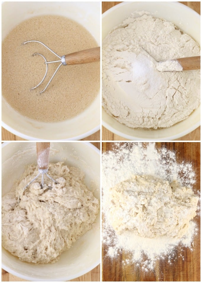 step by step making Amish white bread, bowl mixing yeast with water and sugar, adding flour, mixing, on a floured board for kneading