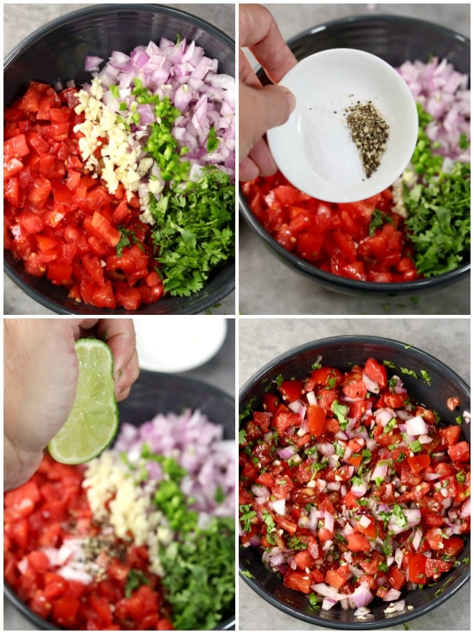 collage of making pico de gallo, combining ingredients, adding salt and pepper, squeezing lime juice and mixed together