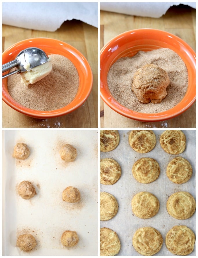 Cinnamon Sugar in a bowl, rolling cookie dough balls in mixture, placed on baking sheet, baked cookies