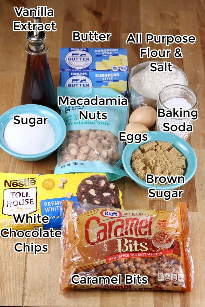 Ingredients for Caramel White Chocolate Macadamia Nut Bars: Vanilla, Macadamia Nuts, Flour, Salt, Brown Sugar, Sugar, Butter, Caramel Bits, white chocolate chips