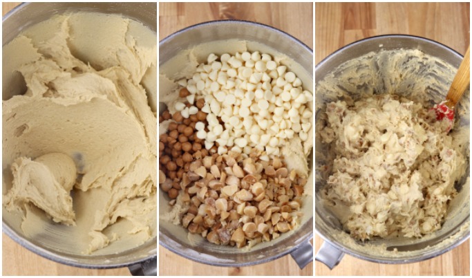 Collage cookie dough, with macadamia nuts, and white chocolate chips and caramel bits 