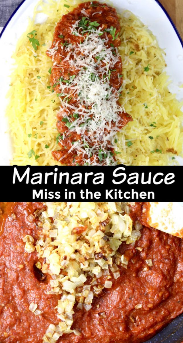 Marinara Spaghetti Squash collage with tomato sauce with onions photo - text overlay "Marinara Sauce"