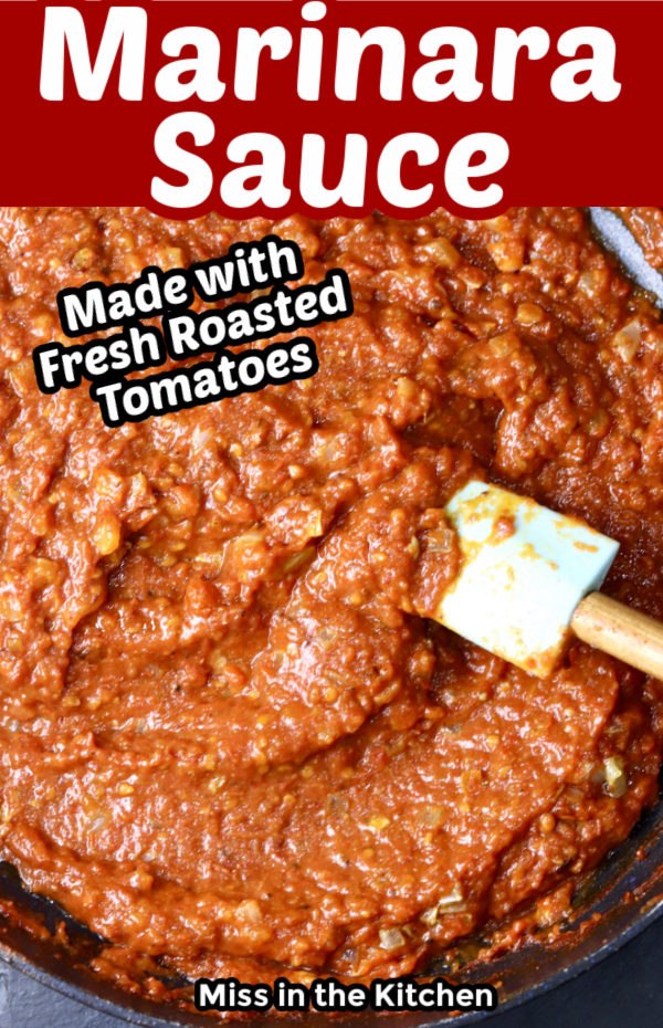 Pan of marinara sauce with a spatula - text overlays "marinara sauce" + "made with fresh tomatoes"