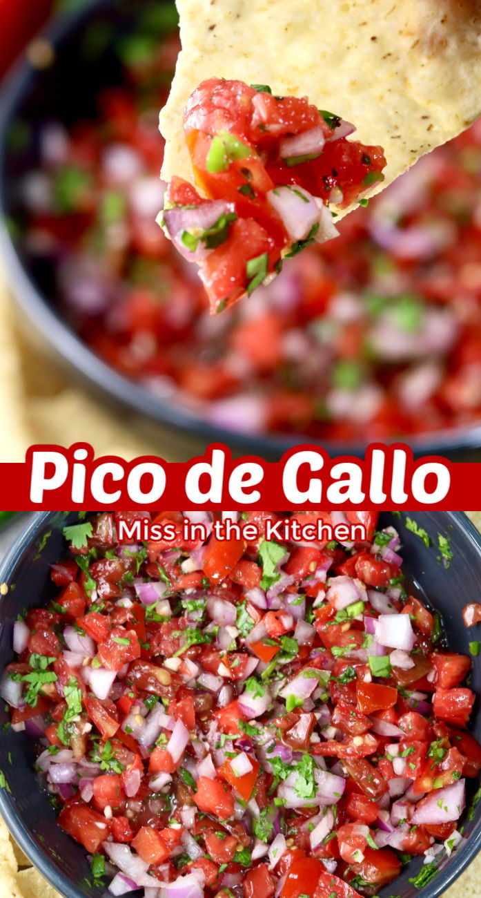 Pico de Gallo collage with close up of chip dipping and bowl of salsa