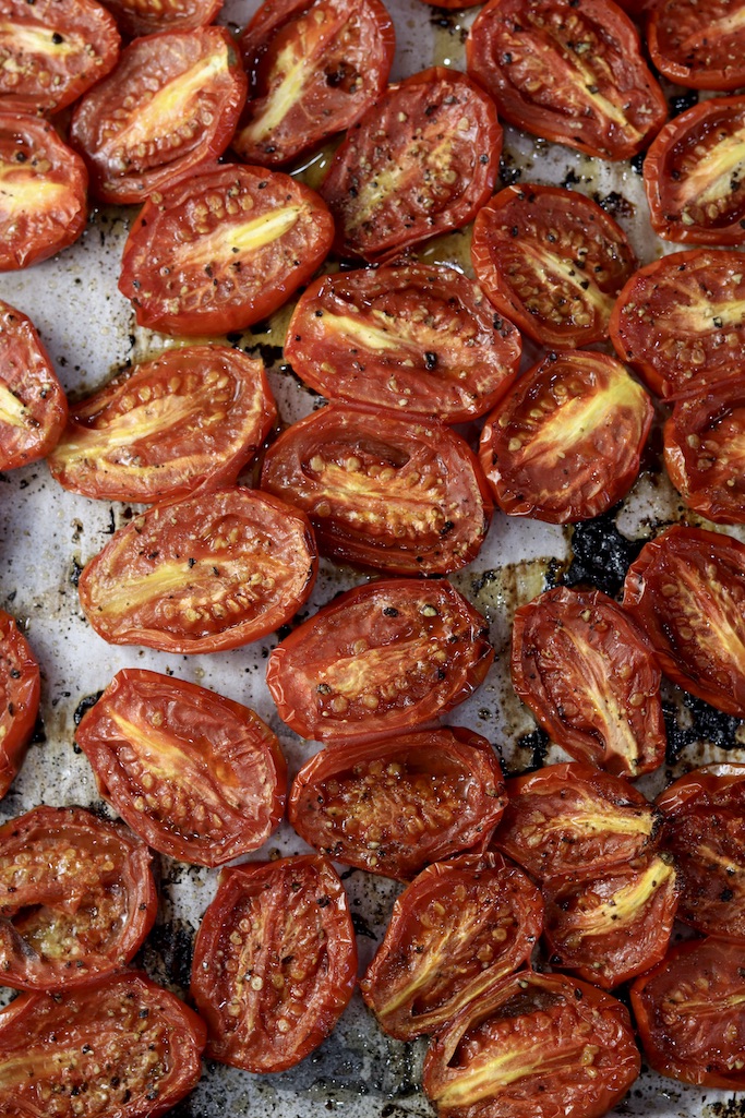 Pan of roasted roma tomatoes