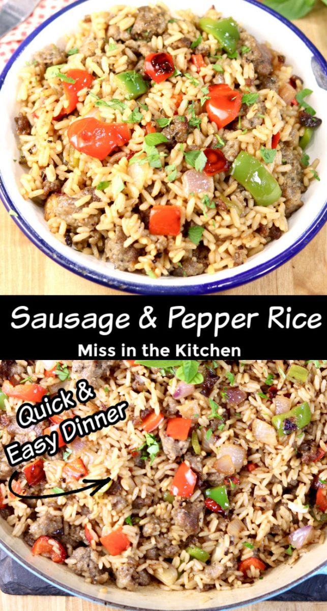 Sausage and Pepper Rice Skillet Meal plated, and pan photo, with text overlay