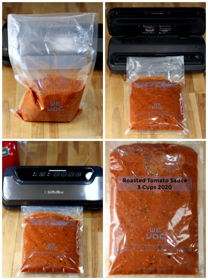 freezing tomato sauce in a vacuum sealer bag and sealing.