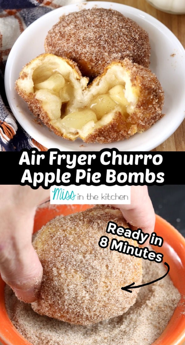 Air Fryer Churro Apple Pie Bombs with text overlay of collage