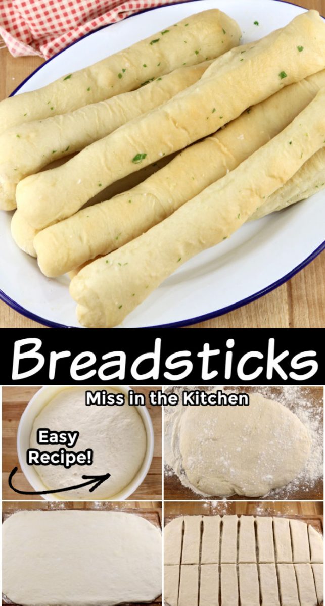 Breadsticks collage on a platter, and steps for rolling and shaping