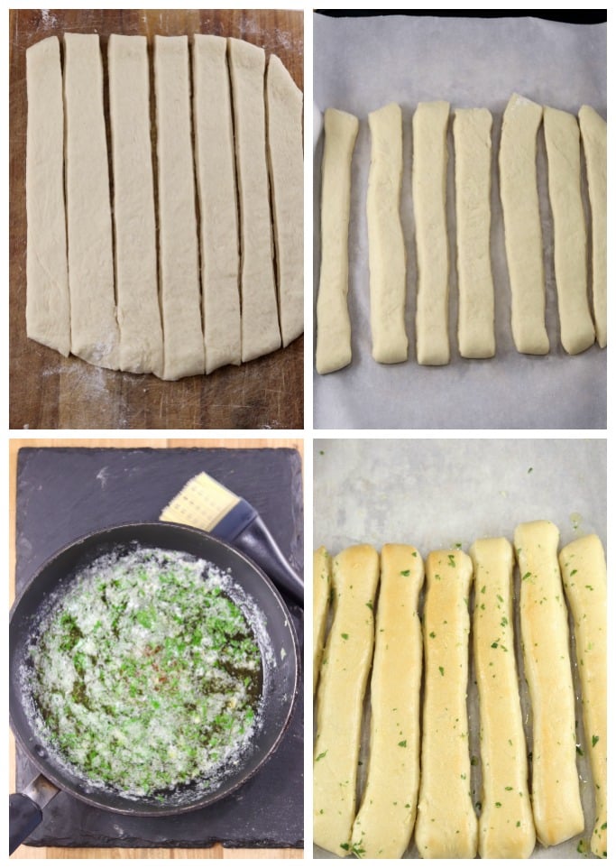 Breadstick dough cut into slices, on a parchment lined baking sheet, pan of garlic butter with parsley, baked breadsticks brushed with garlic butter - collage