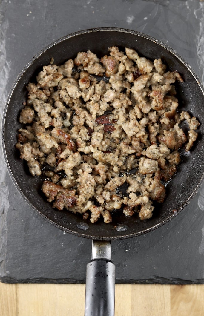 Cooked breakfast sausage in a skillet