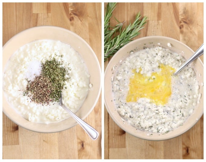 Collage of cottage cheese and herb filling with beaten egg for lasagna