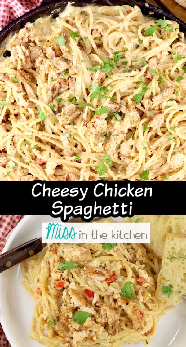 Cheesy Chicken Spaghetti- skillet photo over plated photo - text overlay in center of collage