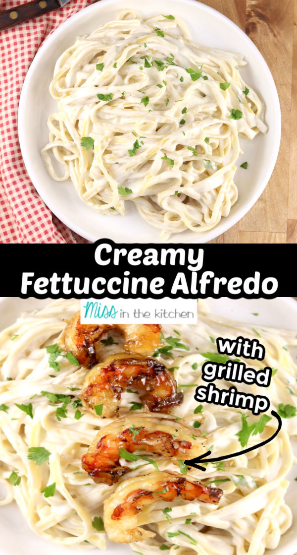 collage plated fettuccine Alfredo and closeup with grilled shrimp added -text overlay in center