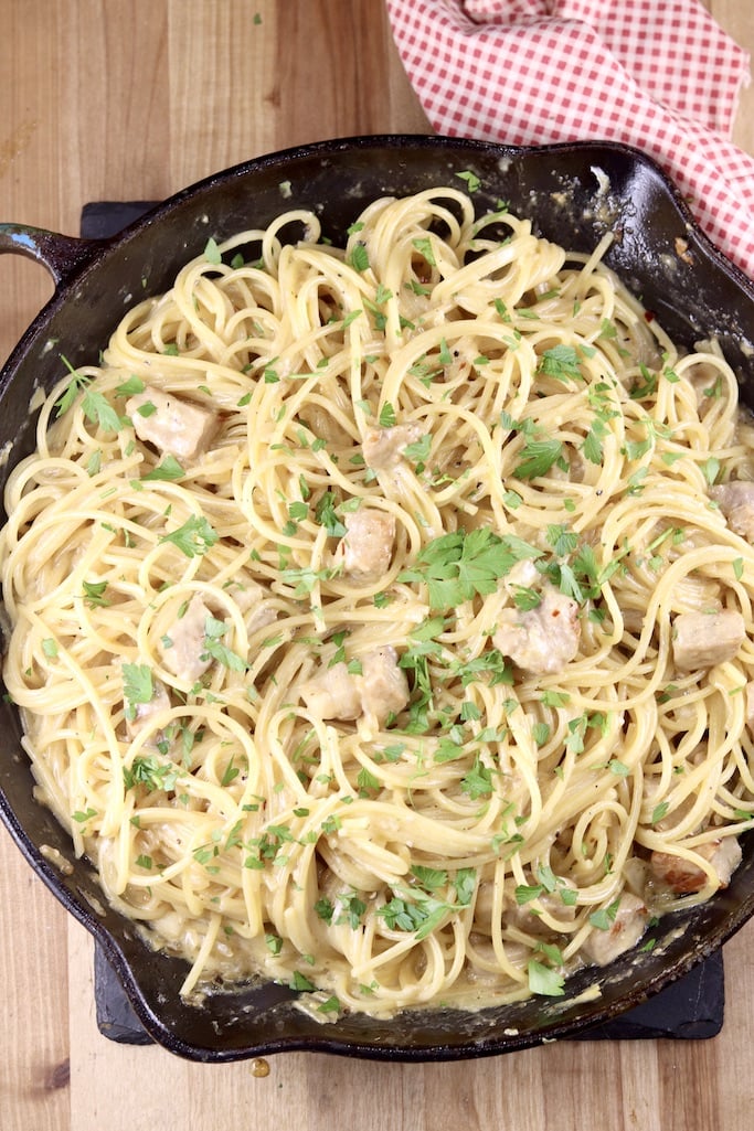 Creamy Lemon Garlic Spaghetti in a skillet