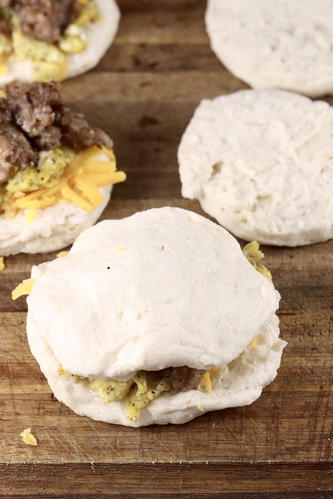 can biscuits with sausage, egg and cheese filling 