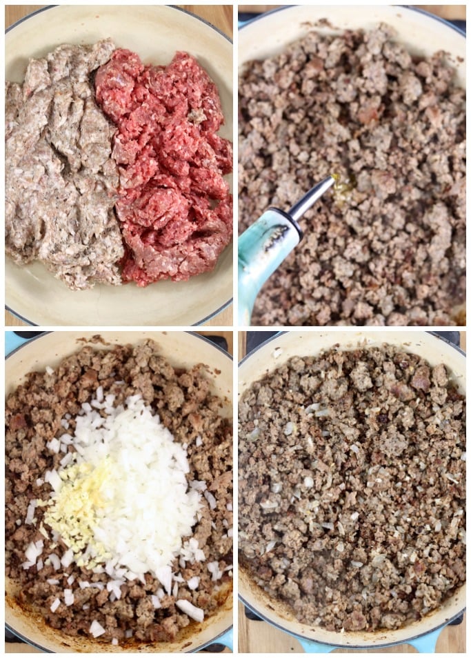 Collage of cooking ground beef and sausage with onions and garlic for lasagna
