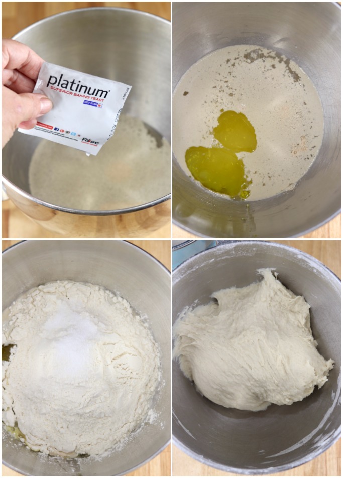 adding yeast to water, with oil, adding flour, mixed dough