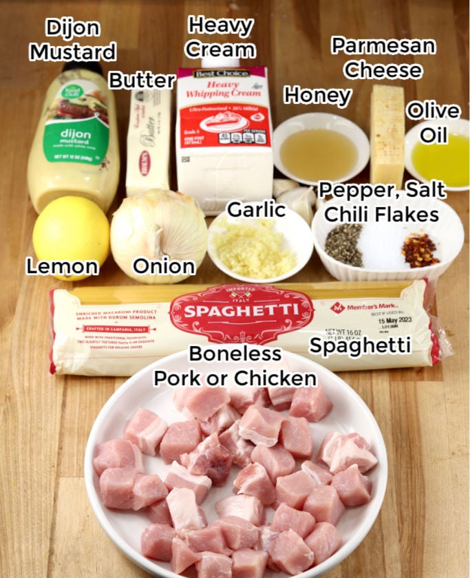 Ingredients to make Creamy Lemon Garlic Spaghetti with boneless pork