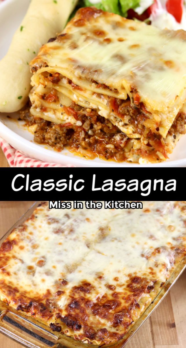 Collage, sliced lasagna on a plate, baked casserole dish, text overlay in center
