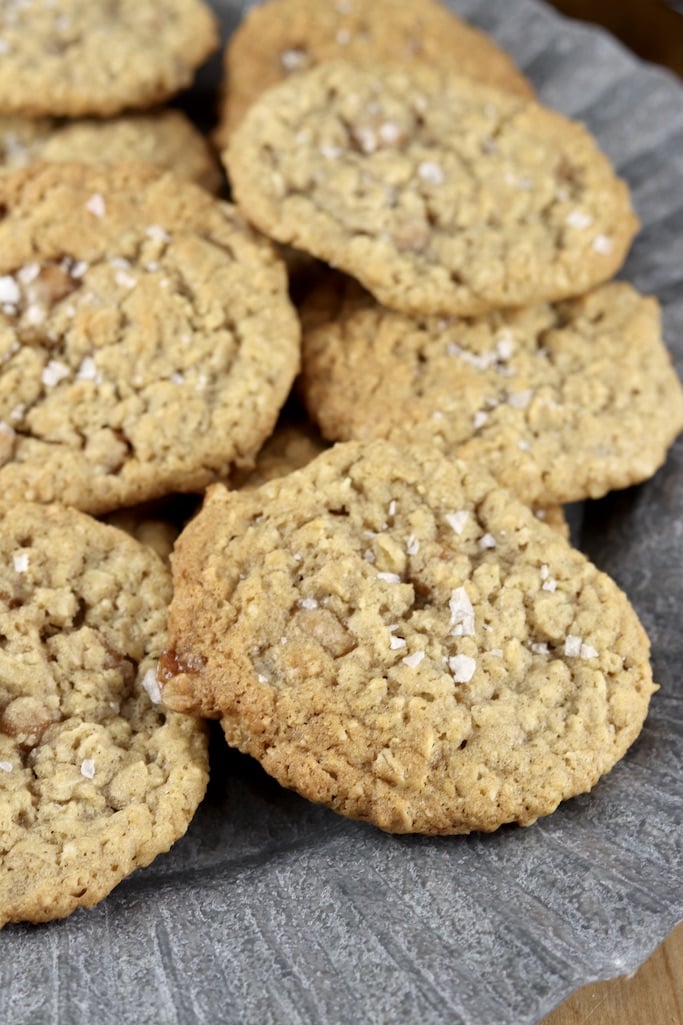 Salted Caramel Oatmeal Cookies on a galvanized platter- close up view