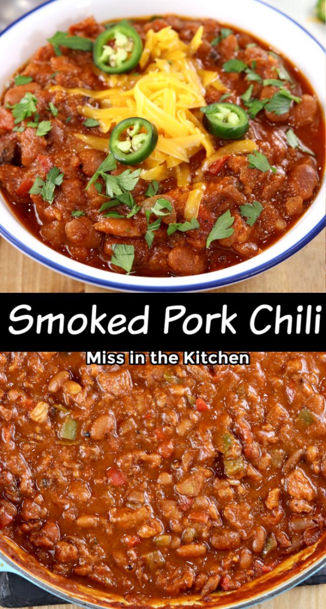 Smoked Pork Chili collage with bowl and pan