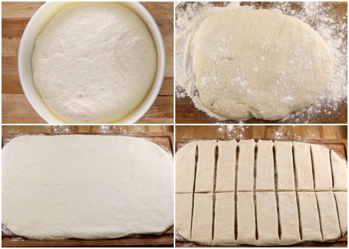 Rising dough, rolled out and cut into breadsticks on a cutting board - collage