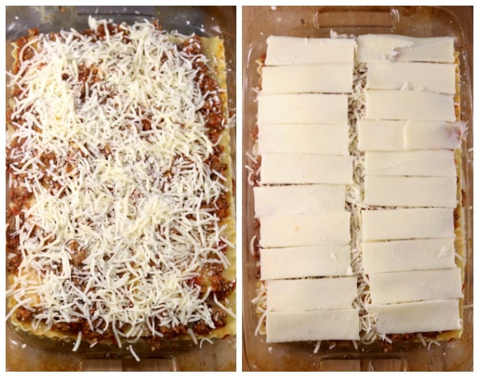Collage of lasagna casserole, shredded cheese, sliced mozzarella