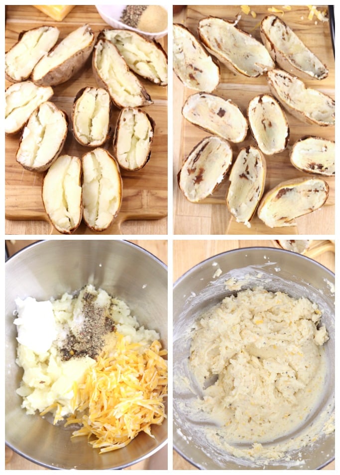 Step by step cutting baked potatoes and making filling for twice baked potatoes