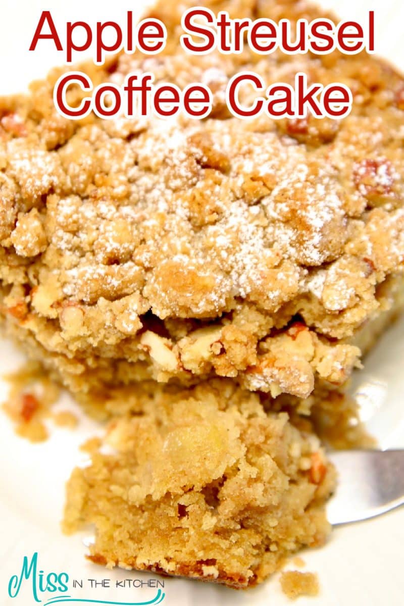 Apple coffee cake with bite on a fork - text overlay.