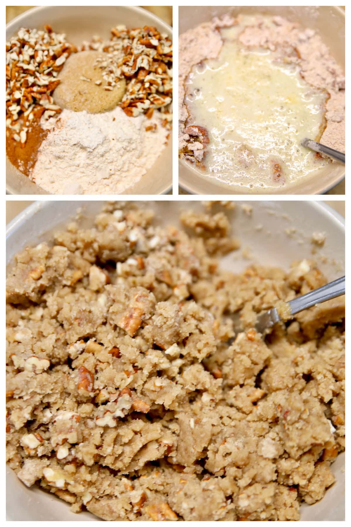 Making cinnamon pecan streusel for coffee cake: collage.
