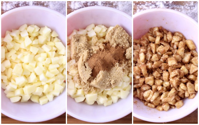 Collage - diced apples, topped with brown sugar and cinnamon, mixed together