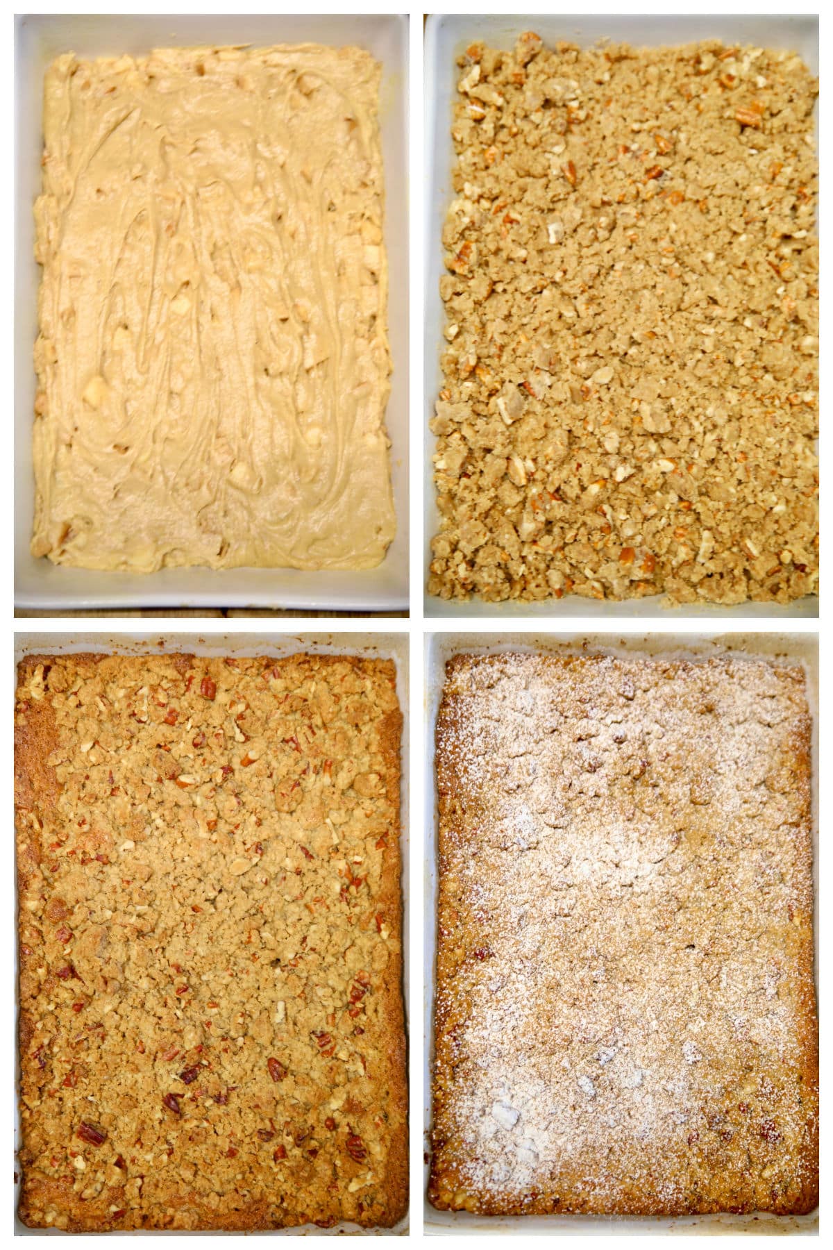 Collage: Apple coffee cake with streusel, batter in pan, baked.