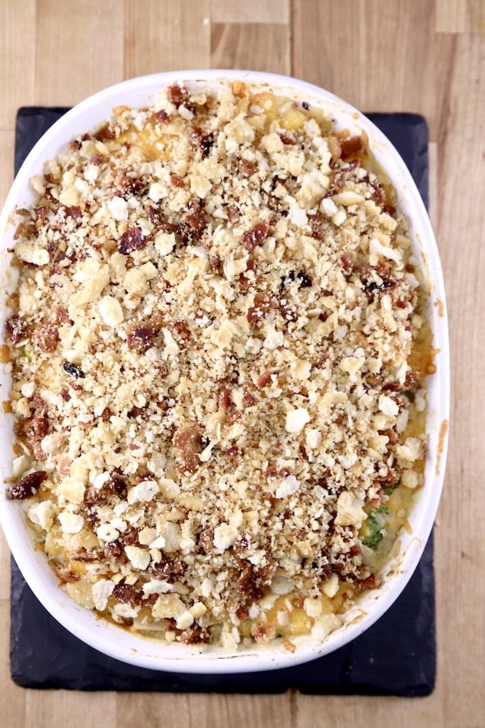 Bacon and crushed ritz cracker topped rice casserole -overhead view