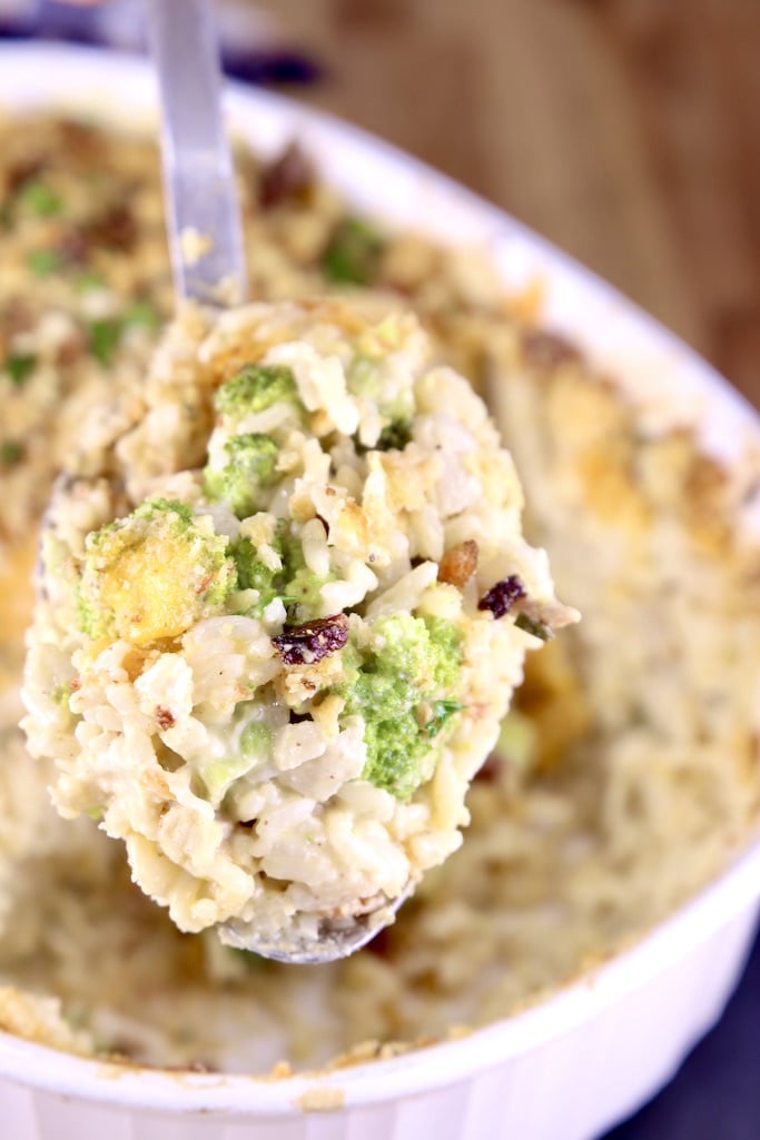 Spoonful of chicken broccoli rice casserole - closeup