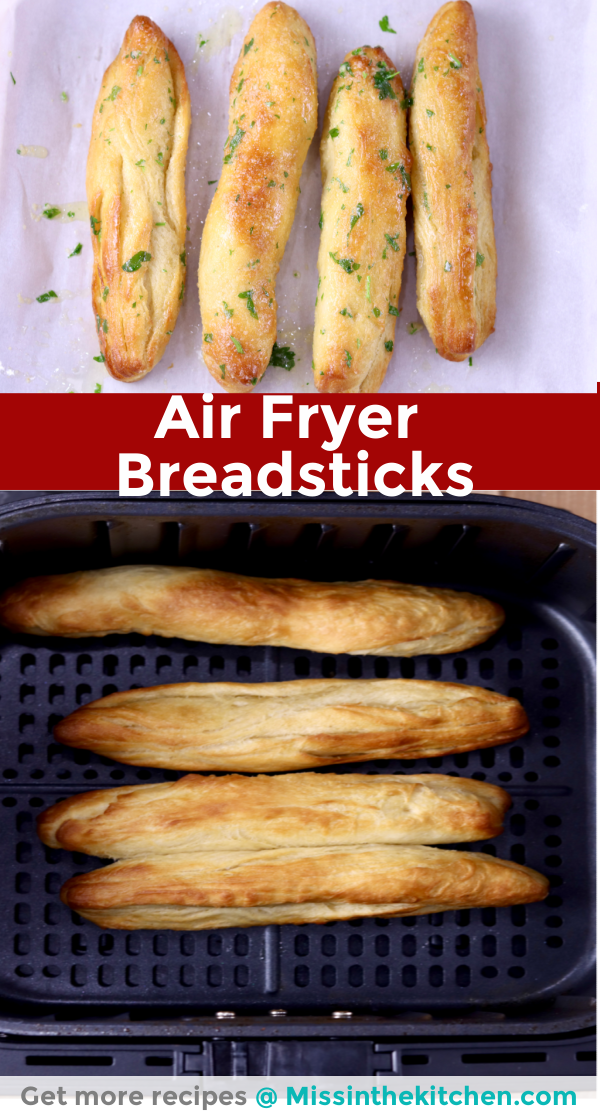 collage - air fryer breadsticks, baked and in basket