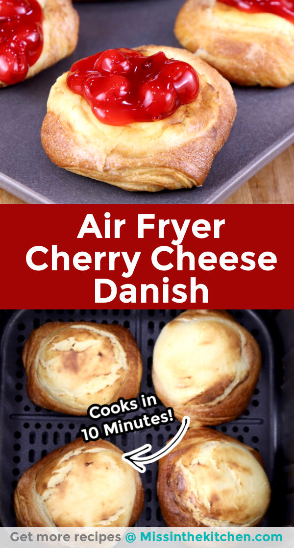 Air Fryer Cherry Cheese Danish collage closeup and in air fryer