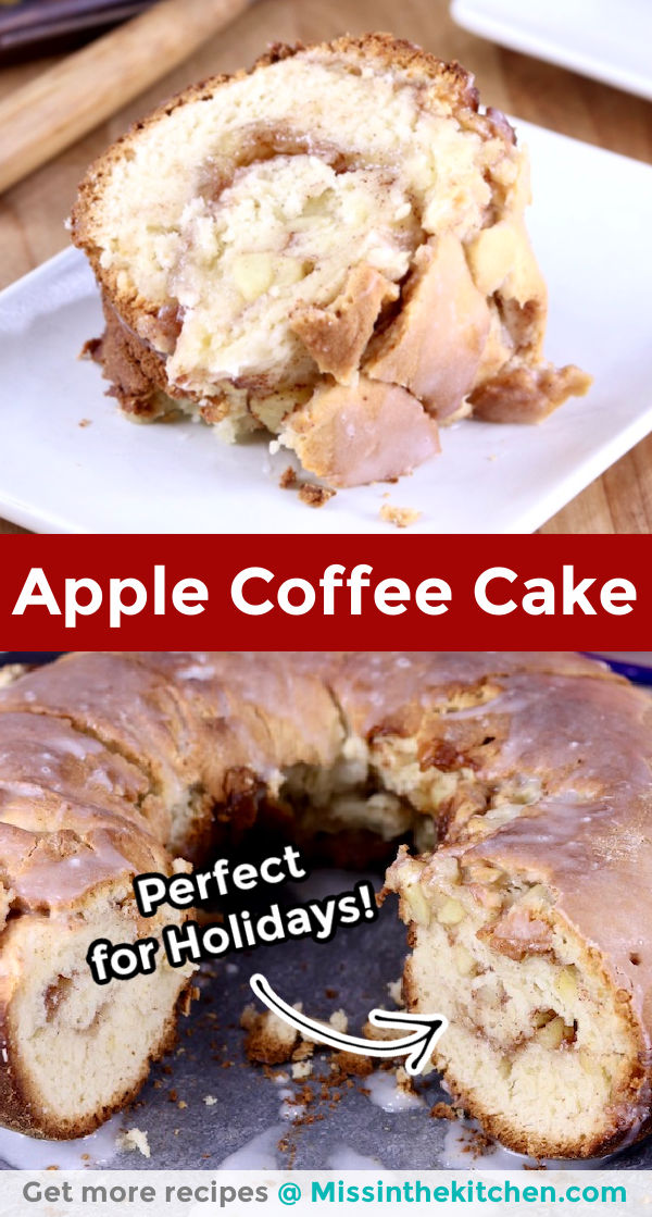 Apple coffee cake collage slice close up and bundt cake on plate