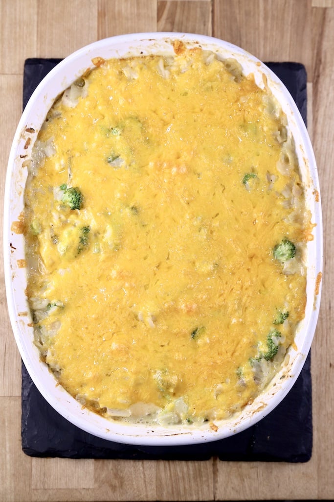 Baking cheesy broccoli rice casserole - overhead view -melted cheese