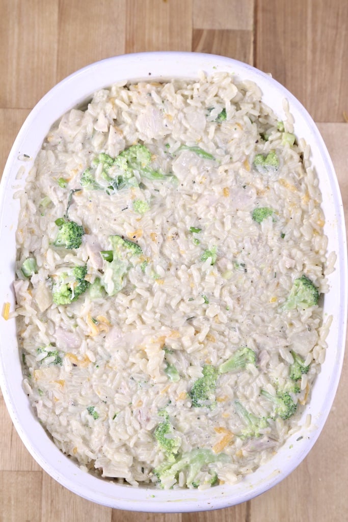 Chicken, rice, broccoli casserole mixture in casserole dish