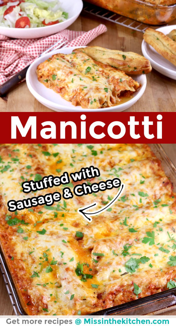collage of manicotti -plated and in casserole dish, text overlay