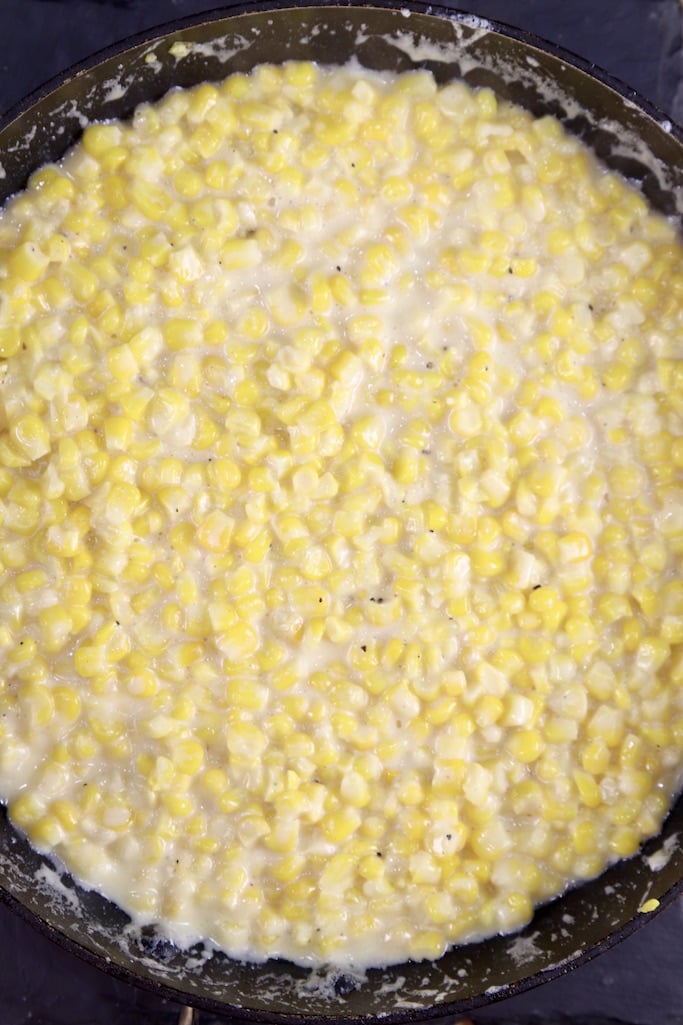 Creamy corn in a skillet - overhead view