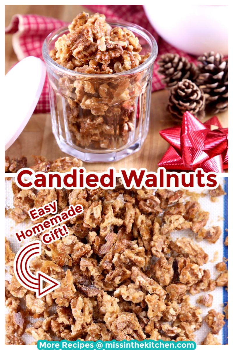 Collage candied walnuts in a jar and on a baking mat