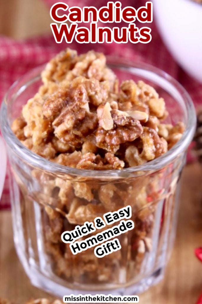 Candied Walnuts in a small jar - text overlay