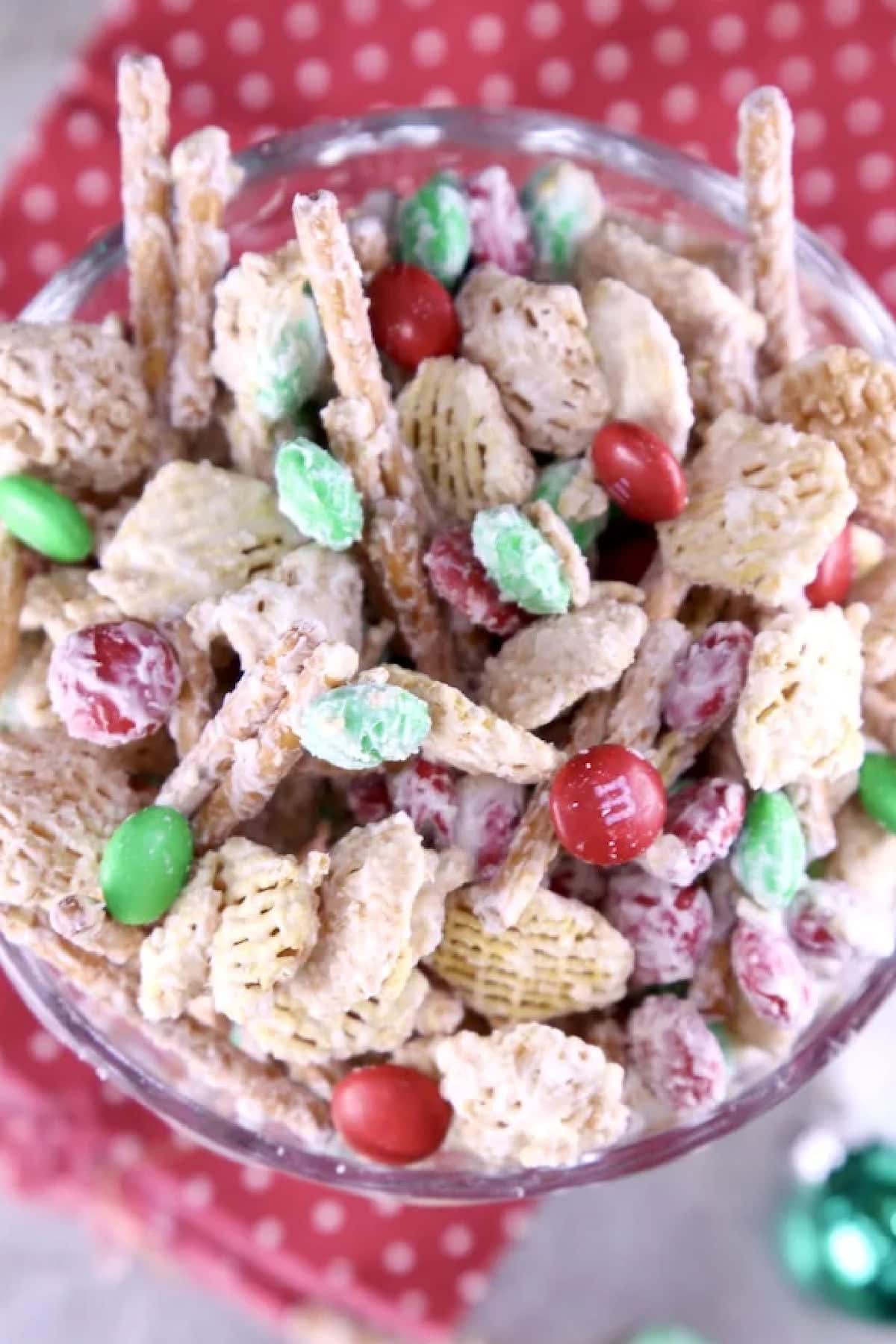 Christmas white trash with m&m candies in a bowl.
