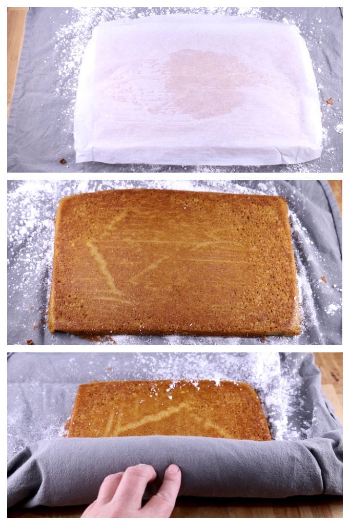 Collage of parchment lined cake, parchment removed and rolling cake into a towel