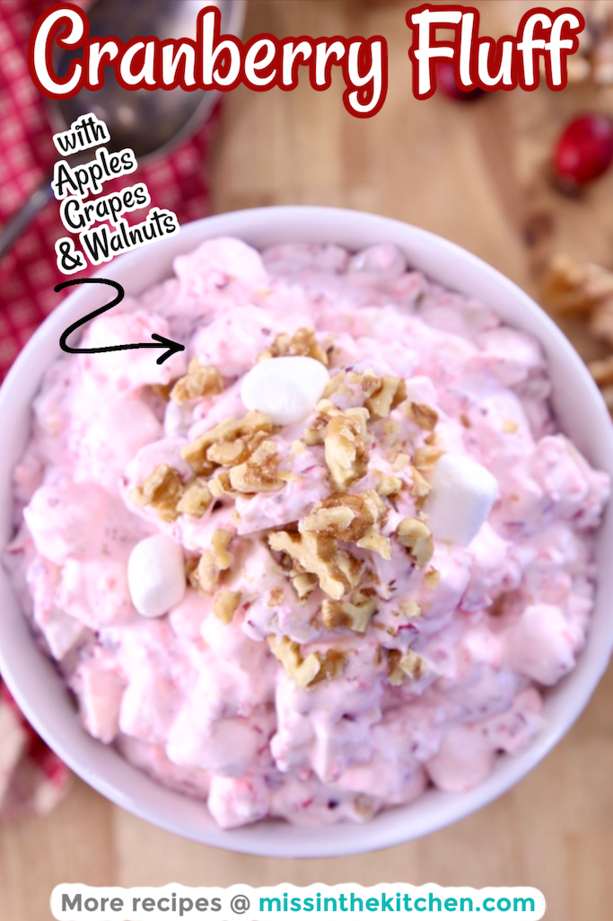 Bowl of cranberry fluff dessert salad with text overlay