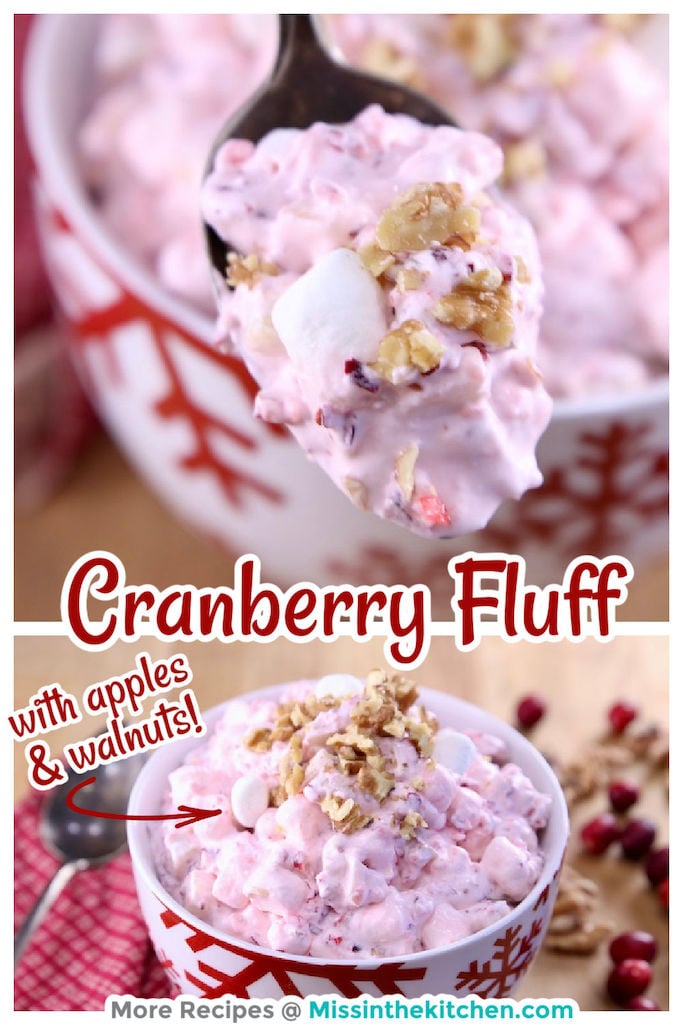 Cranberry Fluff collage - closeup of spoon an bowl full - text overlay